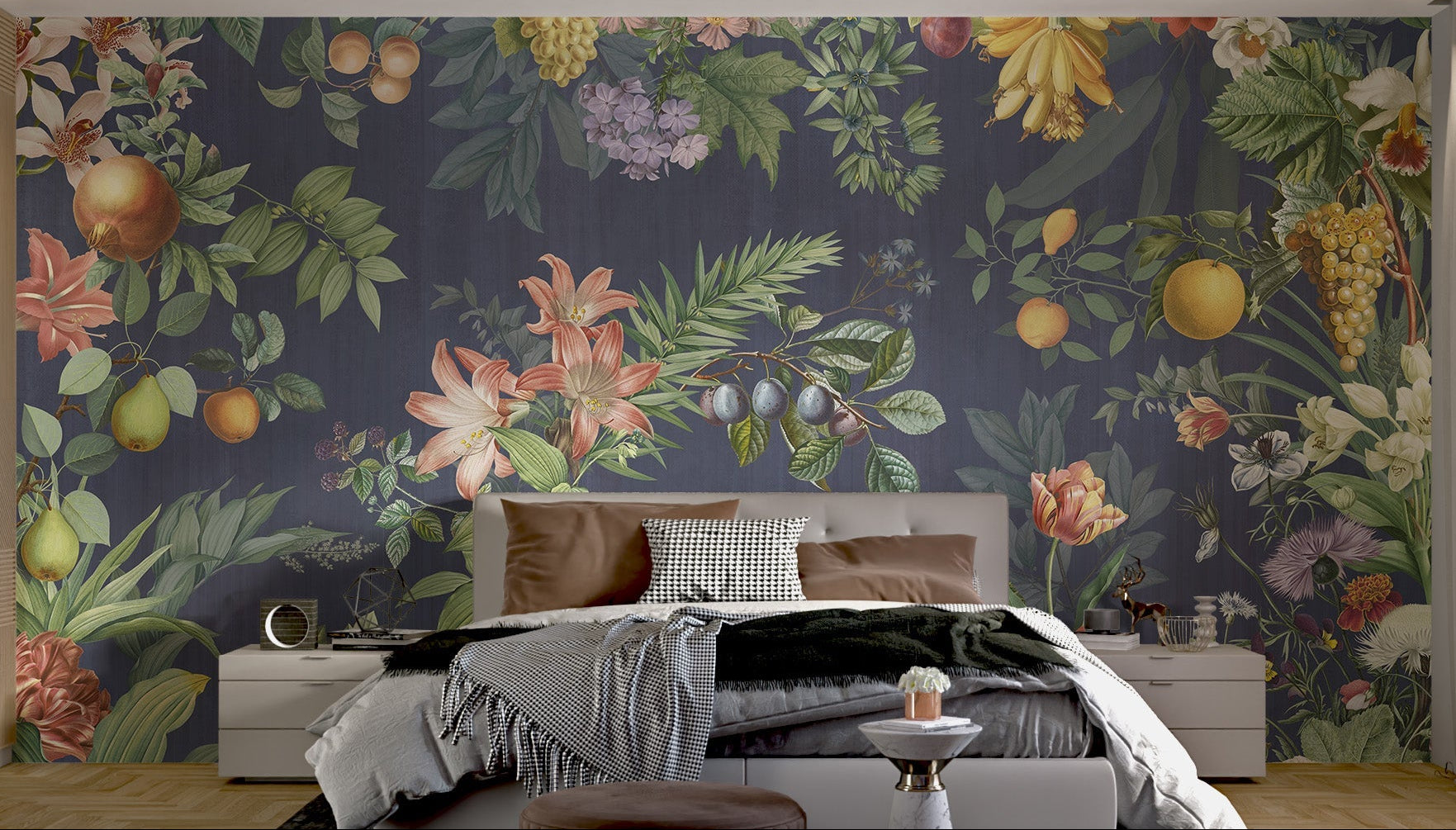 Dark navy Botanical Floral and Fruit Wall mural for modern interior spaces.