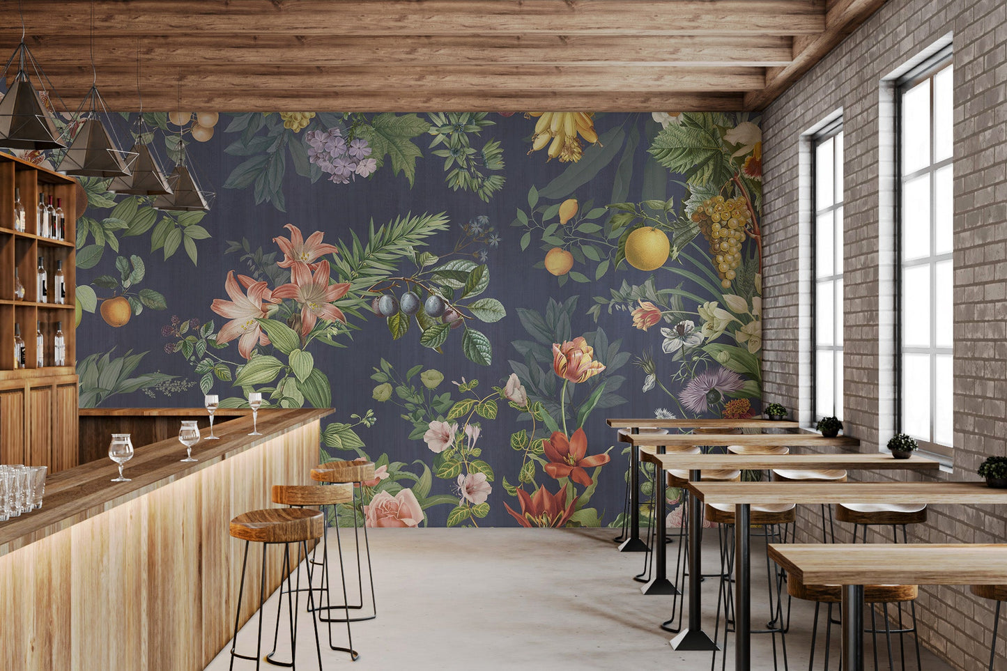 Botanical Floral and Fruit mural for a feature wall in a dining area.