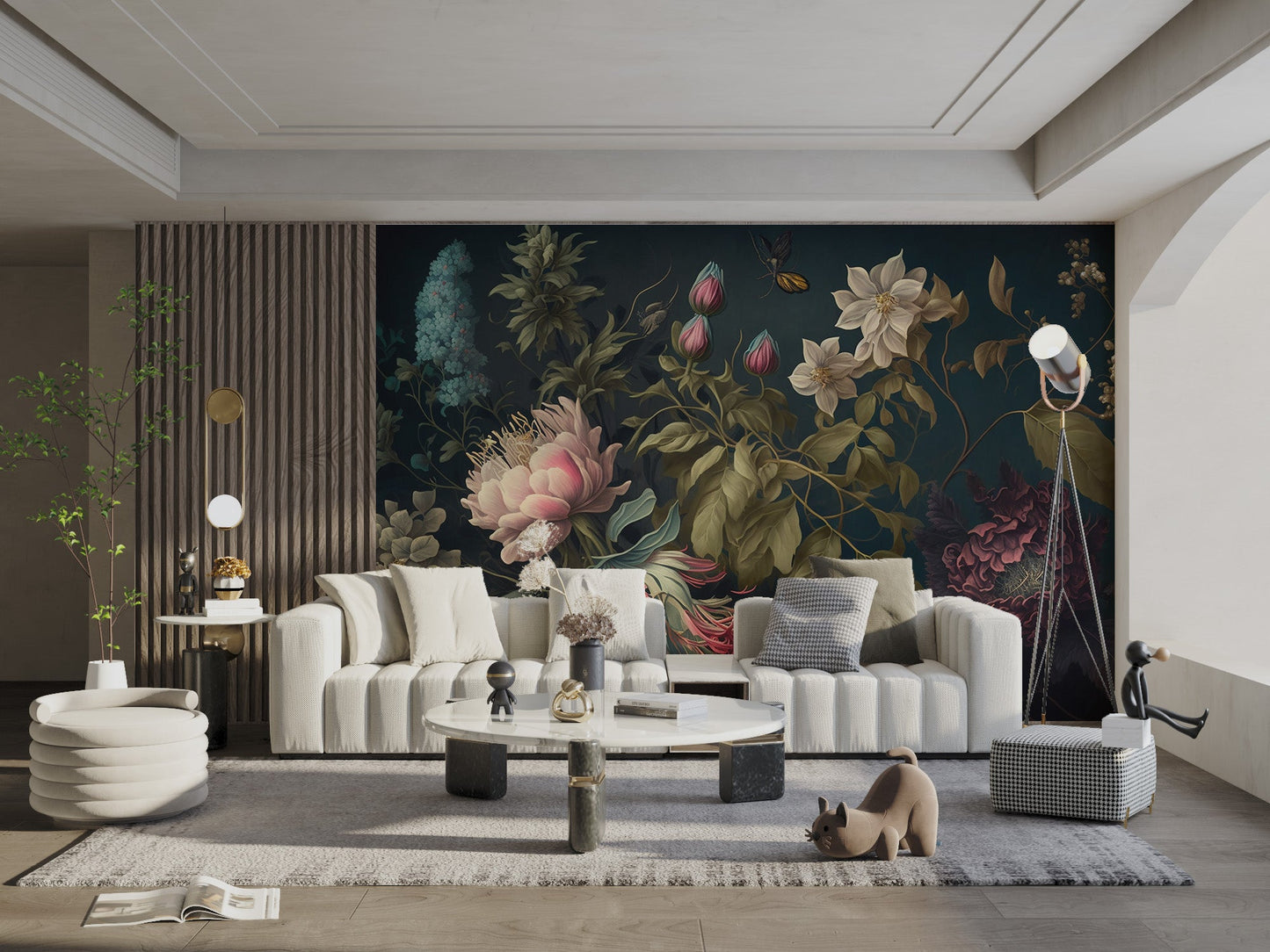 Deep teal floral wallpaper with ivory blossoms and intricate green foliage.