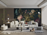 Deep teal floral wallpaper with ivory blossoms and intricate green foliage.