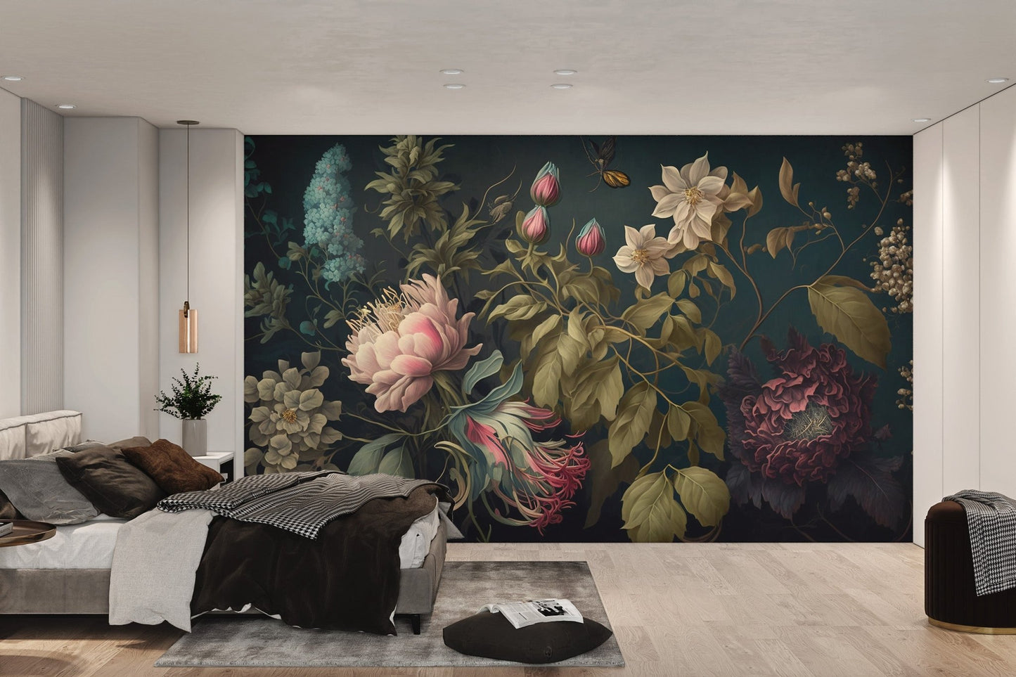 Illustration style painting wall mural with wild lilies and fine branch details.