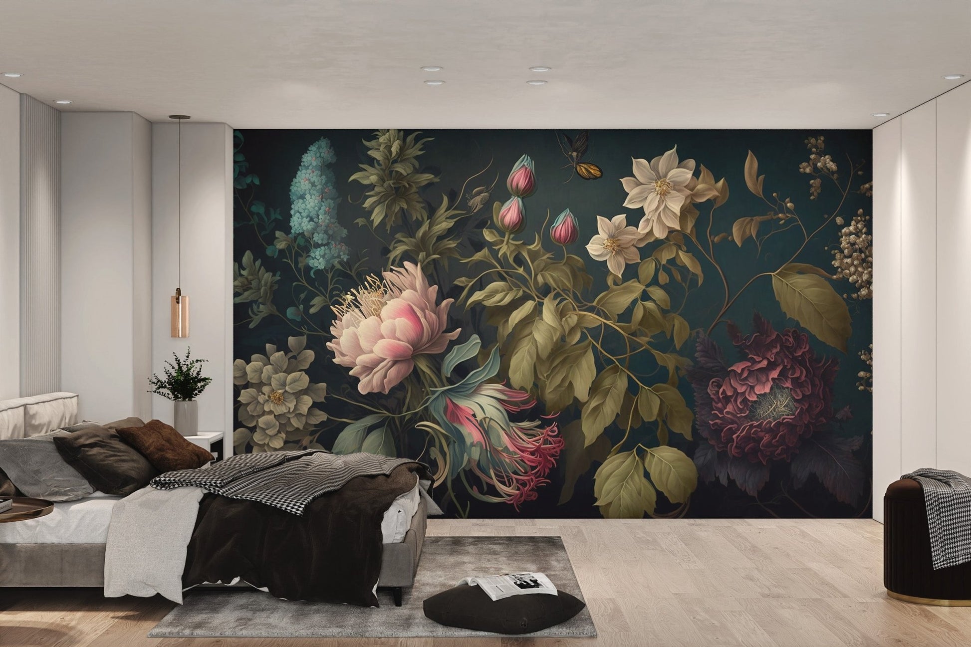 Illustration style painting wall mural with wild lilies and fine branch details.
