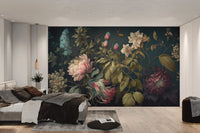 Illustration style painting wall mural with wild lilies and fine branch details.