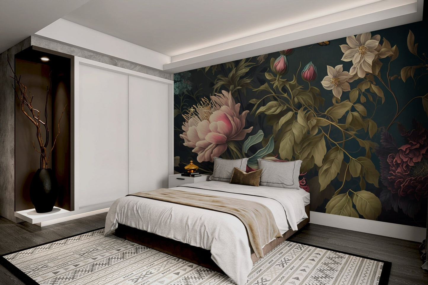 Soft pink and white flowers on a midnight blue floral wall mural for interiors.