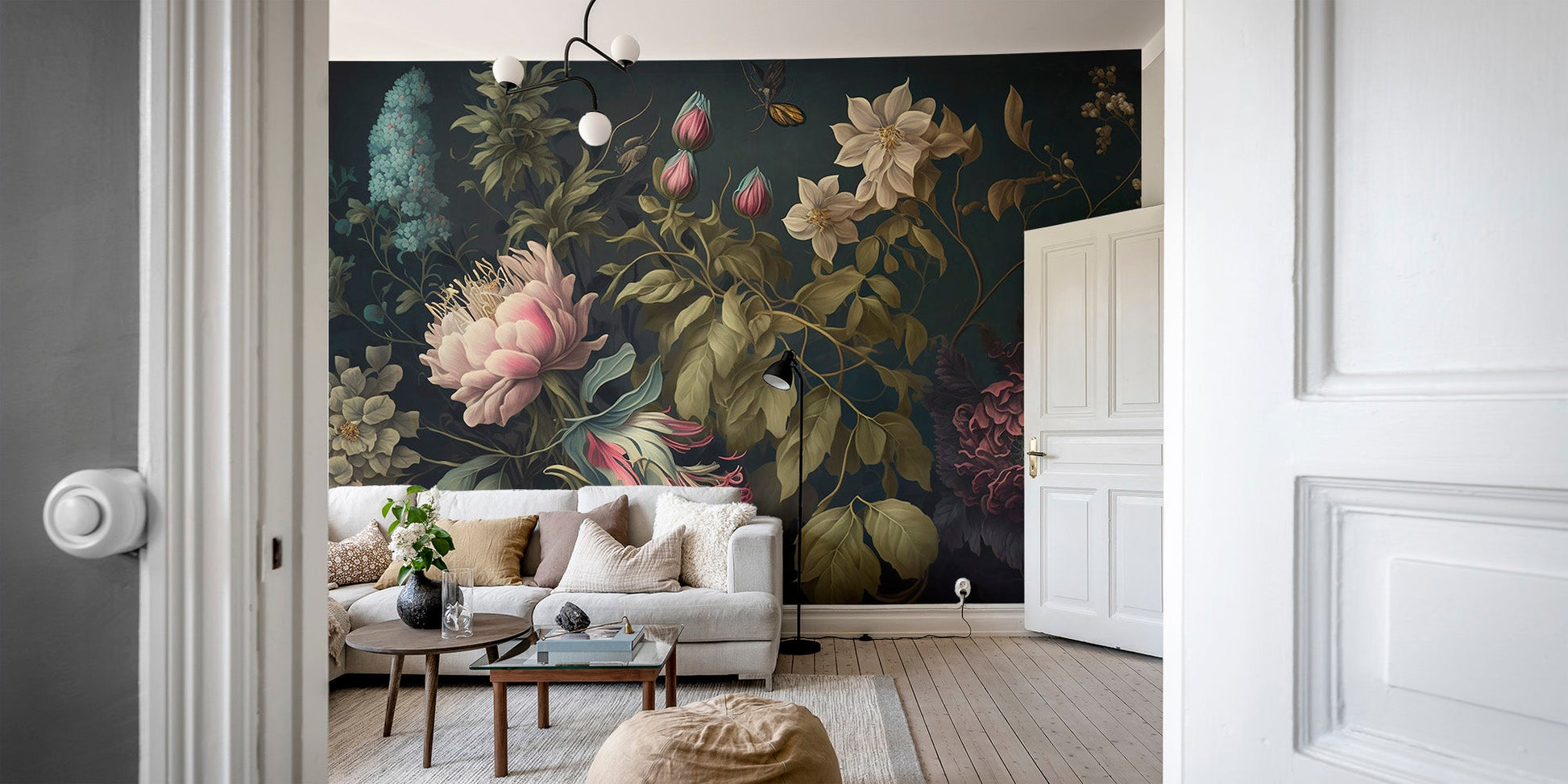 Artistic garden scenery wallpaper featuring hand painted botanical elements.