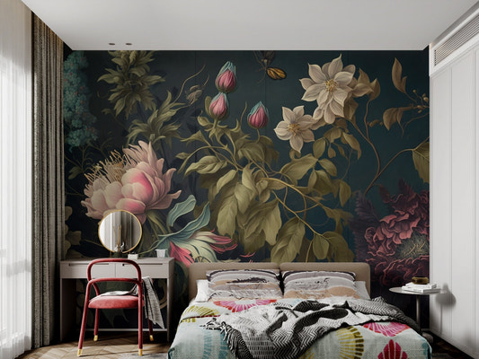 Botanical floral painting wallpaper with pink peonies and a flying butterfly.
