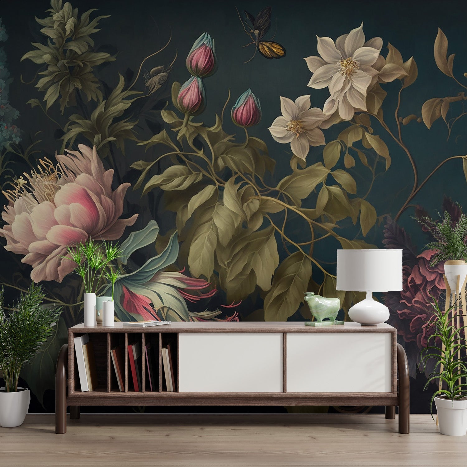 Classic floral wall mural showing diverse garden blooms in a moody palette.