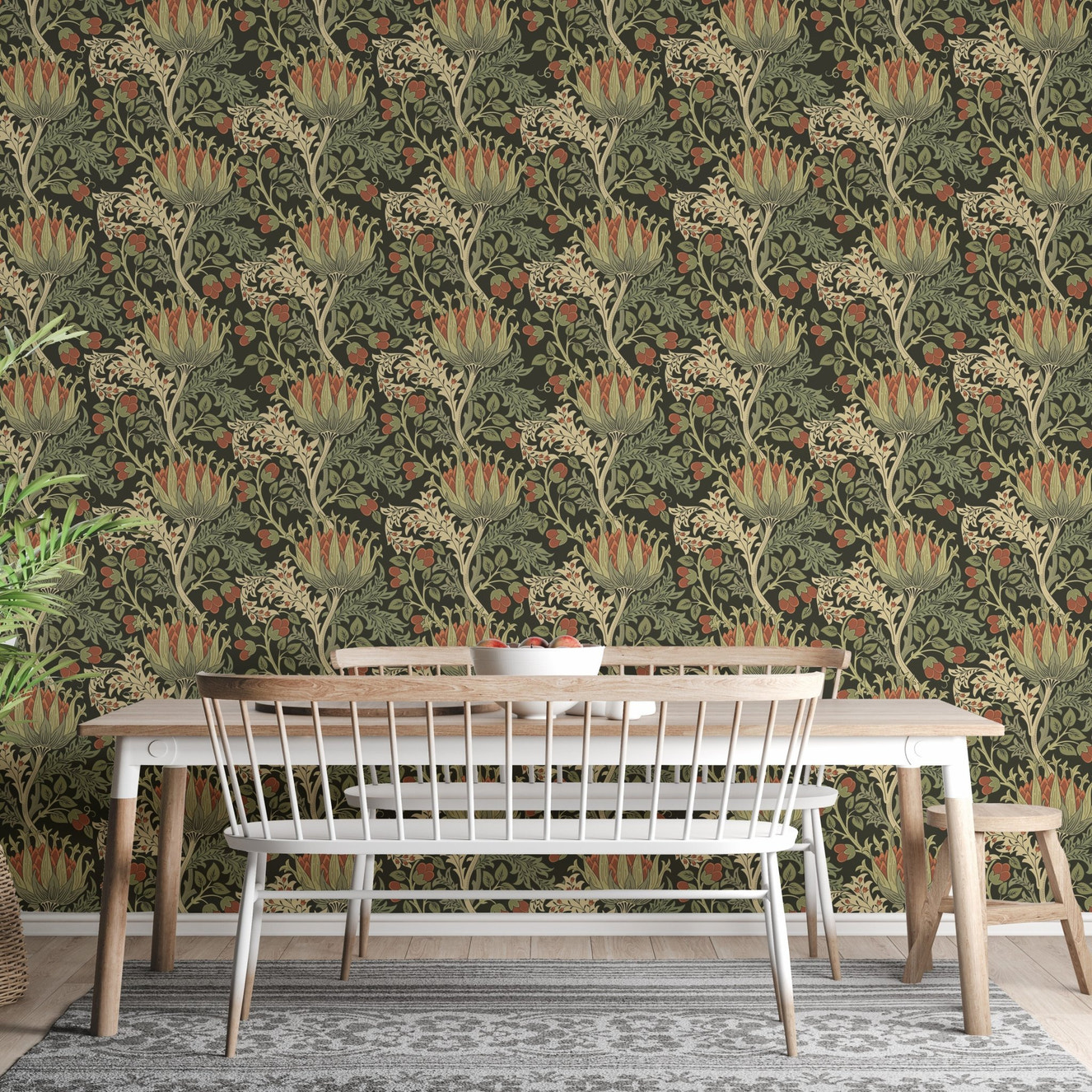 Botanical flourish wallpaper mural with vintage floral wall mural pattern.