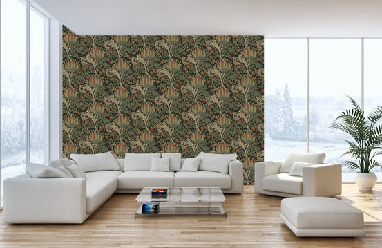 Elegant vine motif wallpaper mural with warm accent colors.