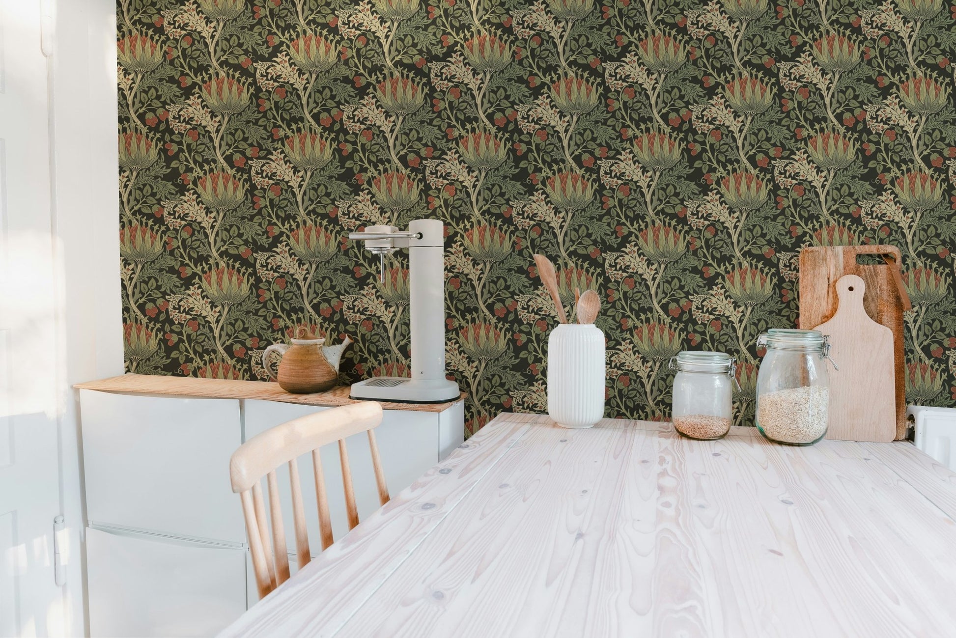 Botanical mural creates serene ambiance
