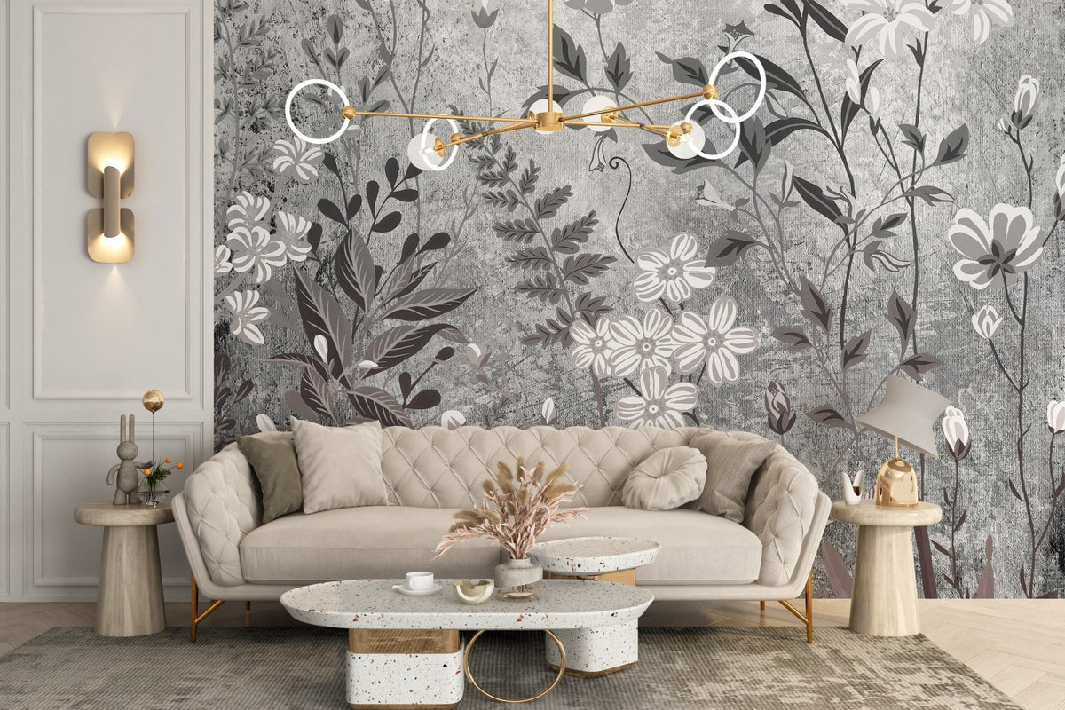 Botanical flower wallpaper mural with white wildflowers on a grey textured background.