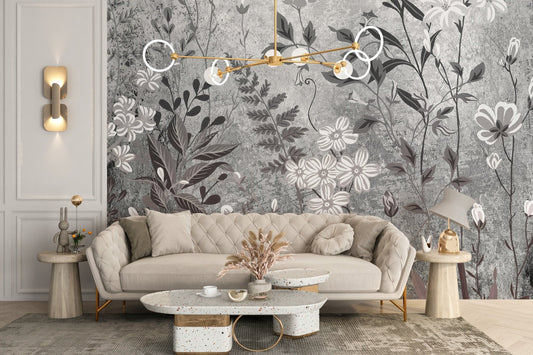 Botanical flower wallpaper mural with white wildflowers on a grey textured background.