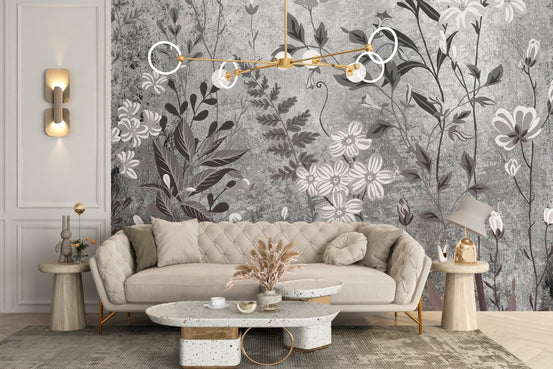 Botanical flower wallpaper mural with white wildflowers on a grey textured background.