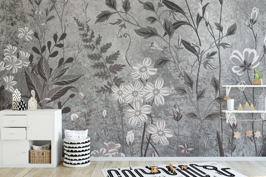 Monochromatic flower wall mural featuring delicate stems and petals in a modern style.