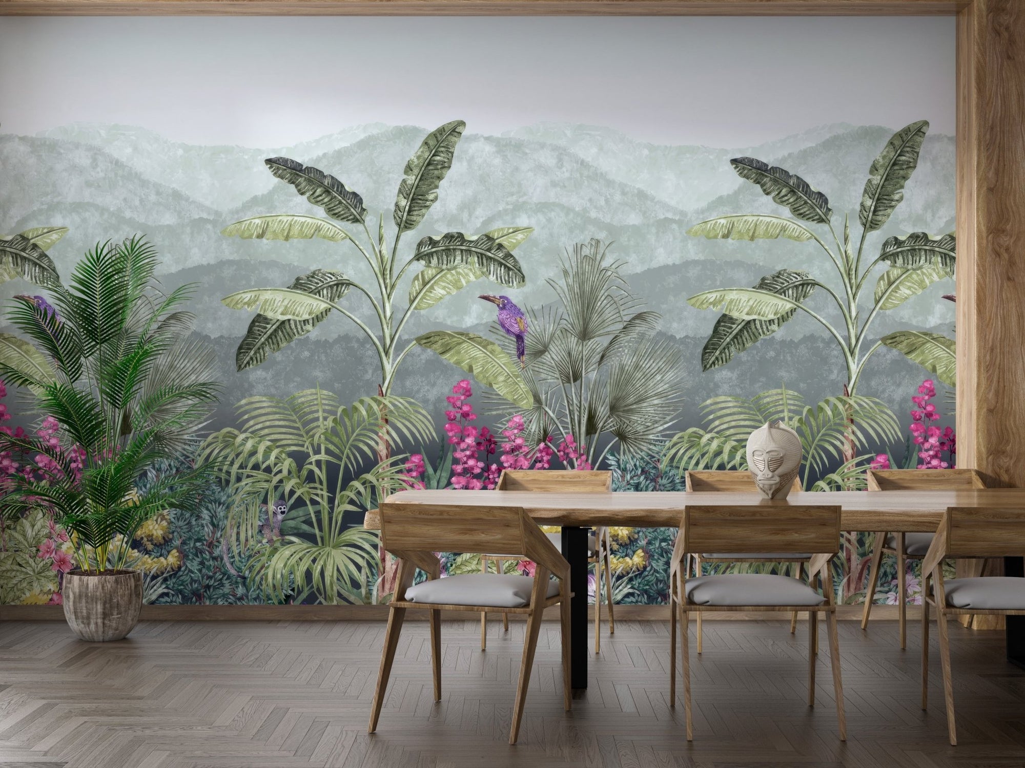Watercolor style tropical garden landscape wall mural.