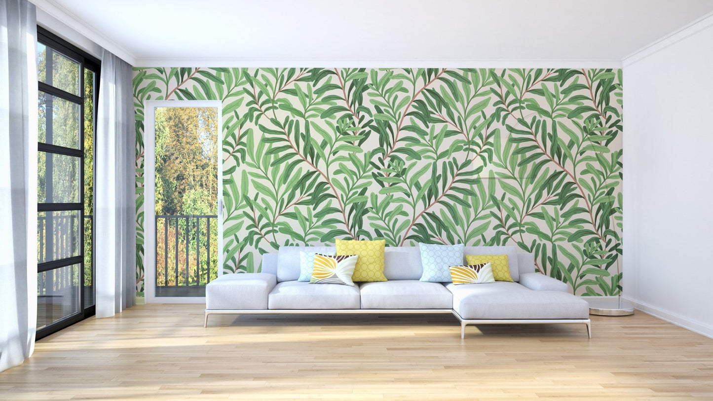 Botanical garden wall mural wallpaper in calm green palette.