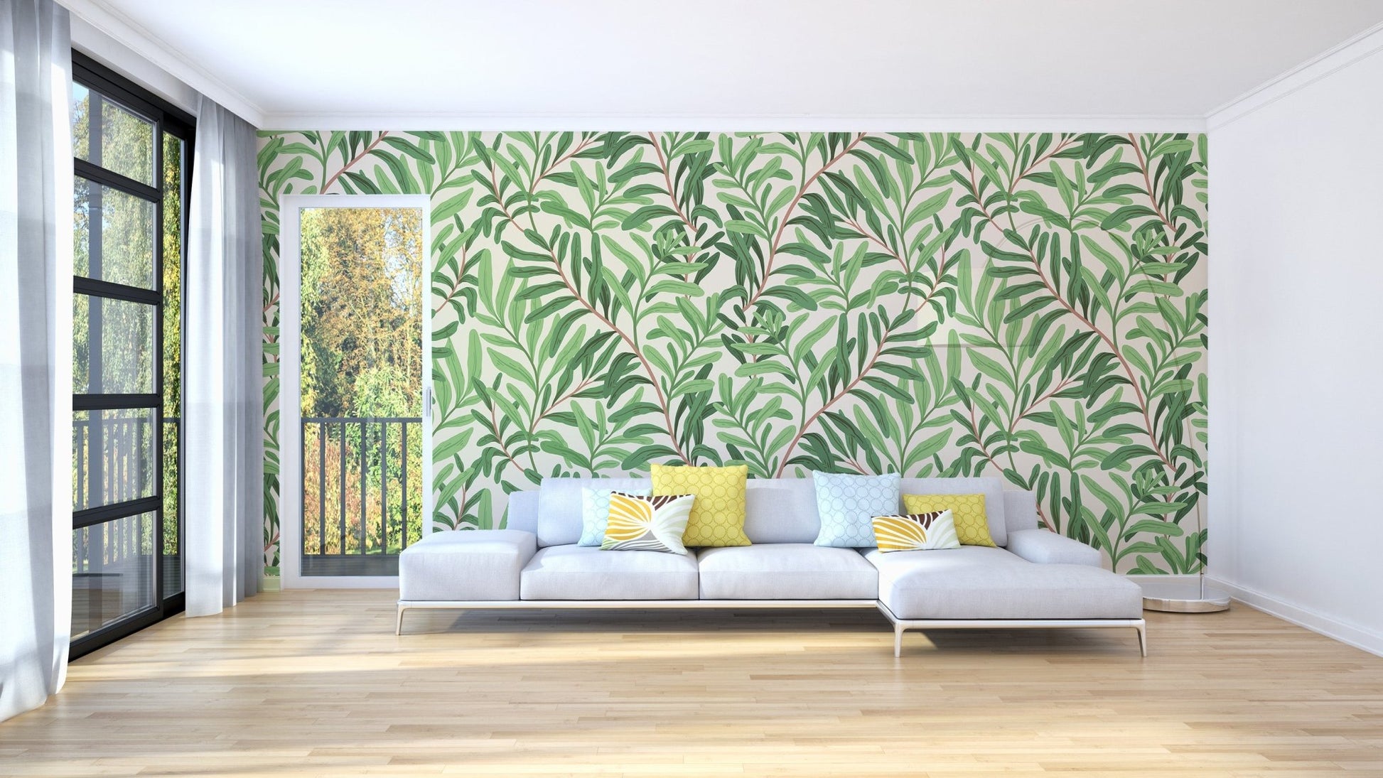 Botanical garden wall mural wallpaper in calm green palette.