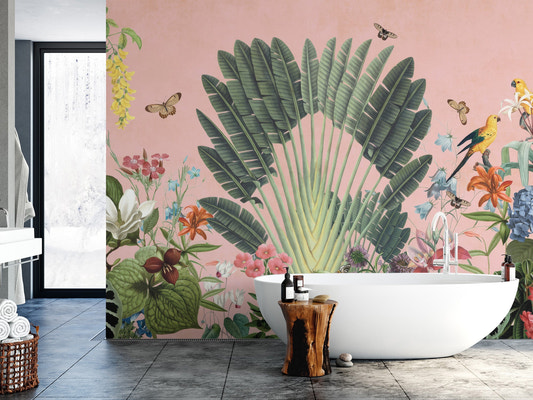 Tropical botanical garden wallpaper mural with pink background and fan palm leaf.