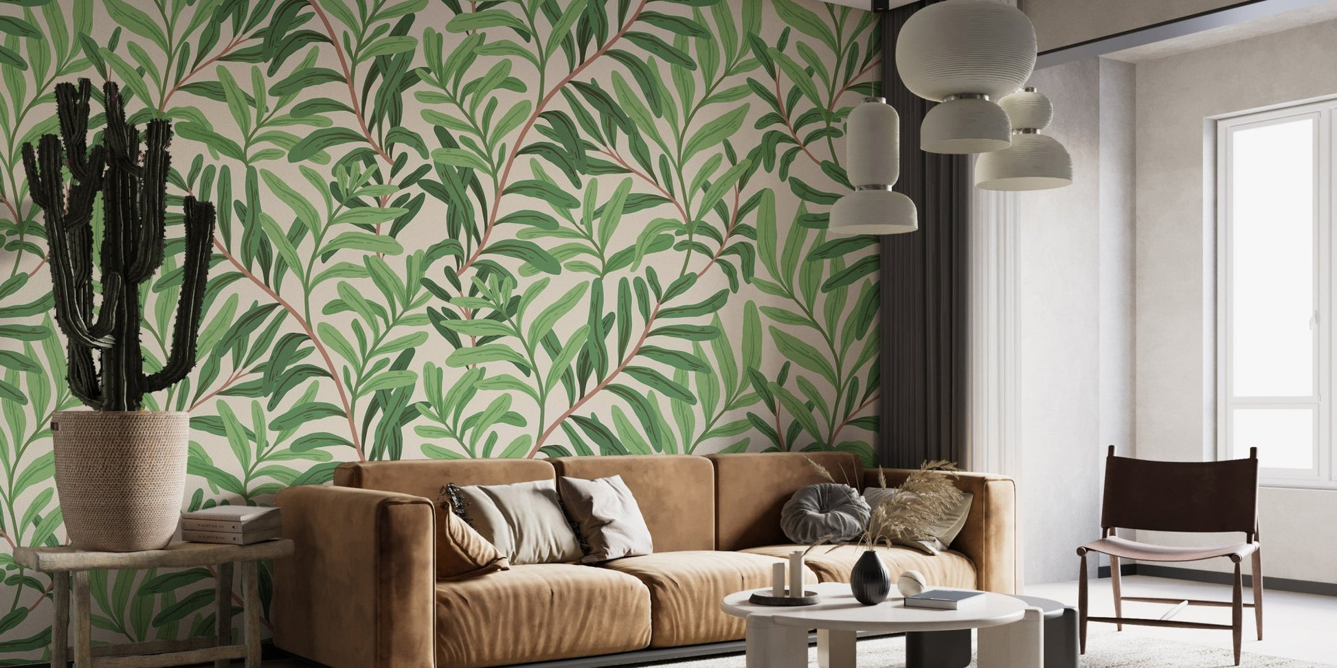 Minimal botanical wallpaper mural with organic leaf forms.
