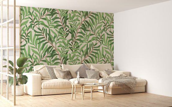 Contemporary garden wall mural wallpaper in muted green shades.