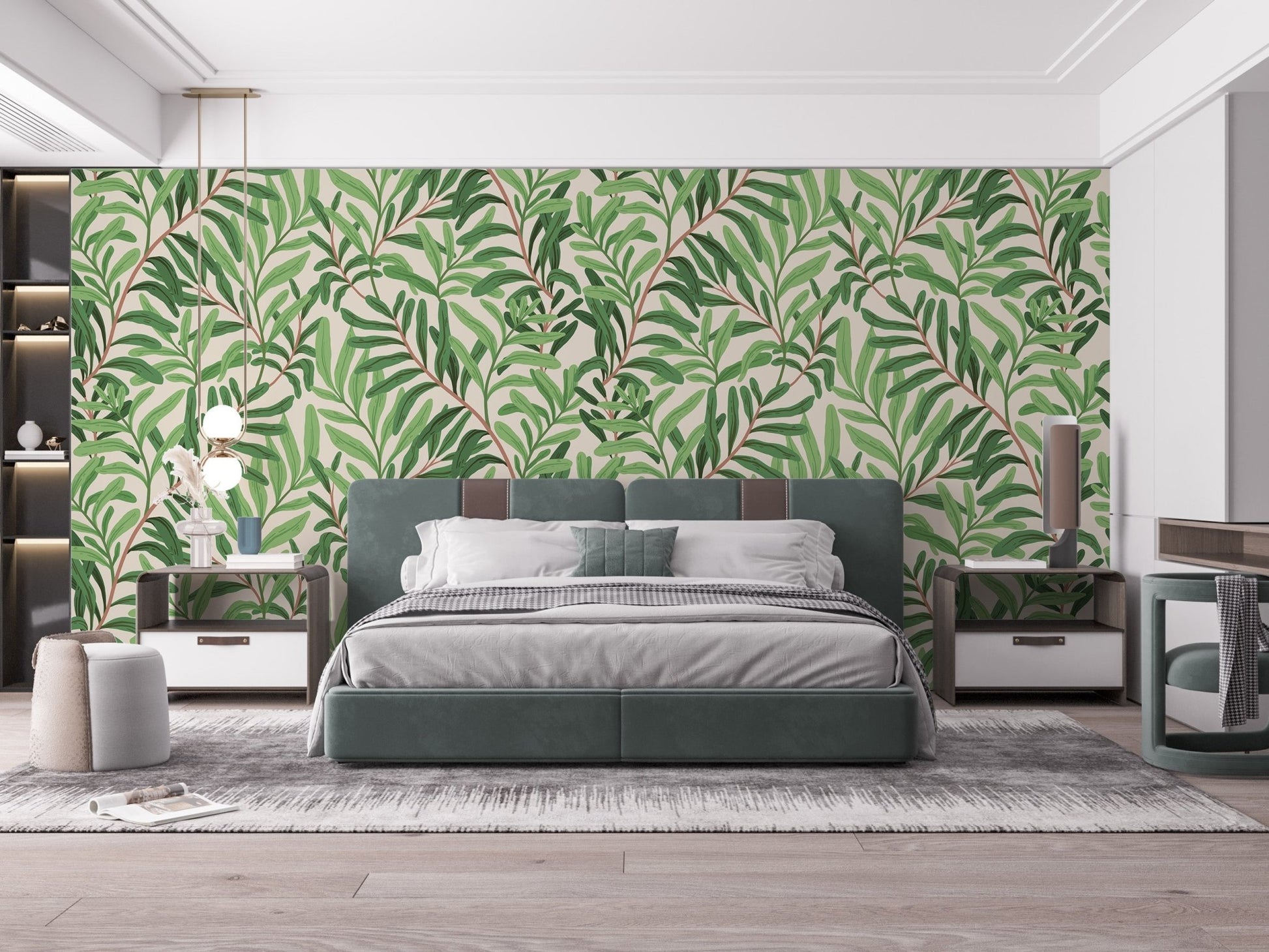Artistic garden wallpaper mural with layered plant silhouettes.
