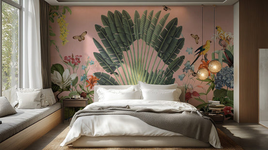 Detailed botanical wall mural with butterflies and lush green tropical plants.