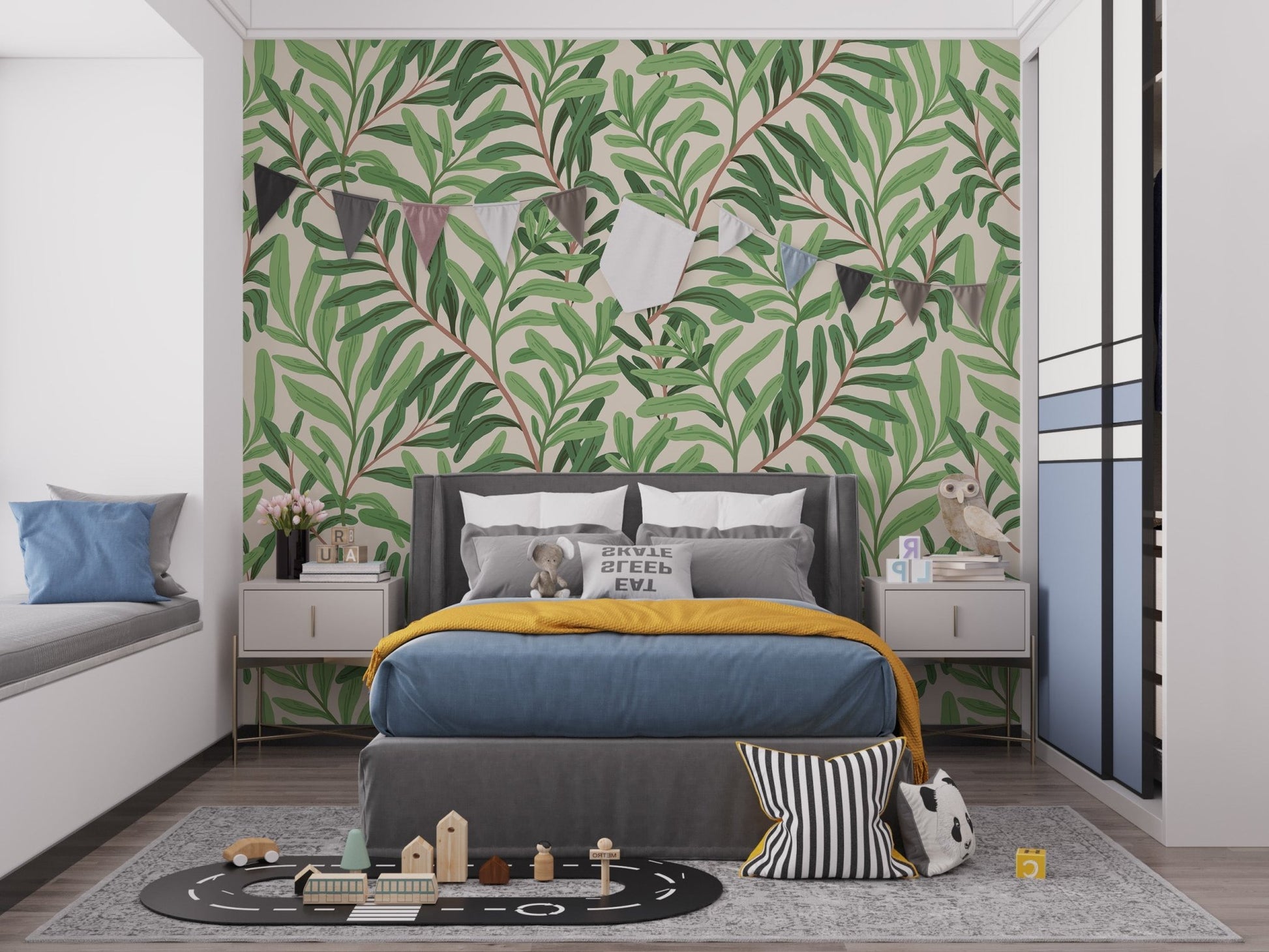 Repeating branch pattern wallpaper wall mural in natural color.