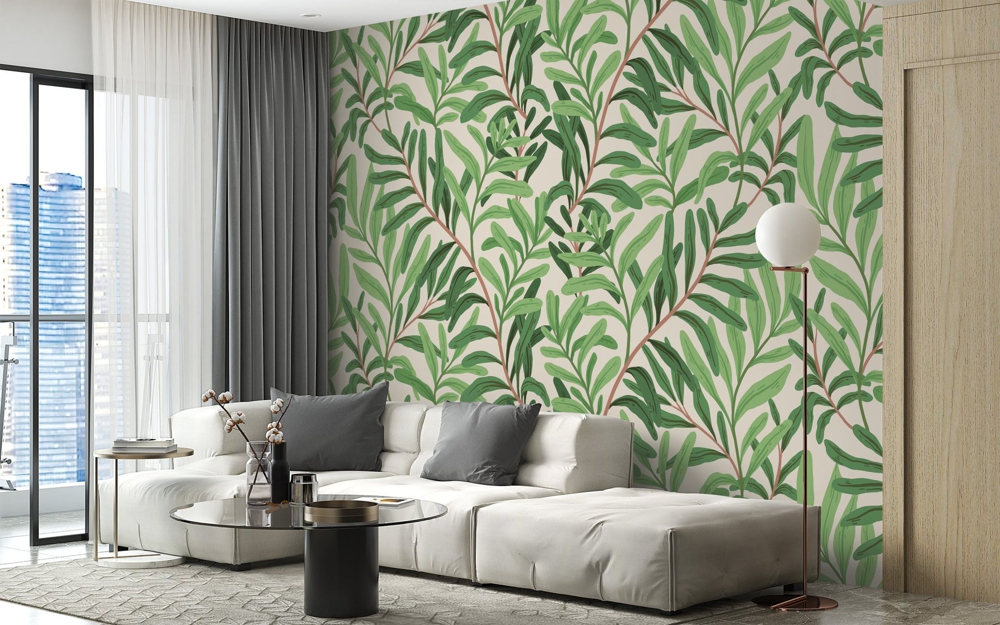 Elegant green garden wall mural wallpaper design.