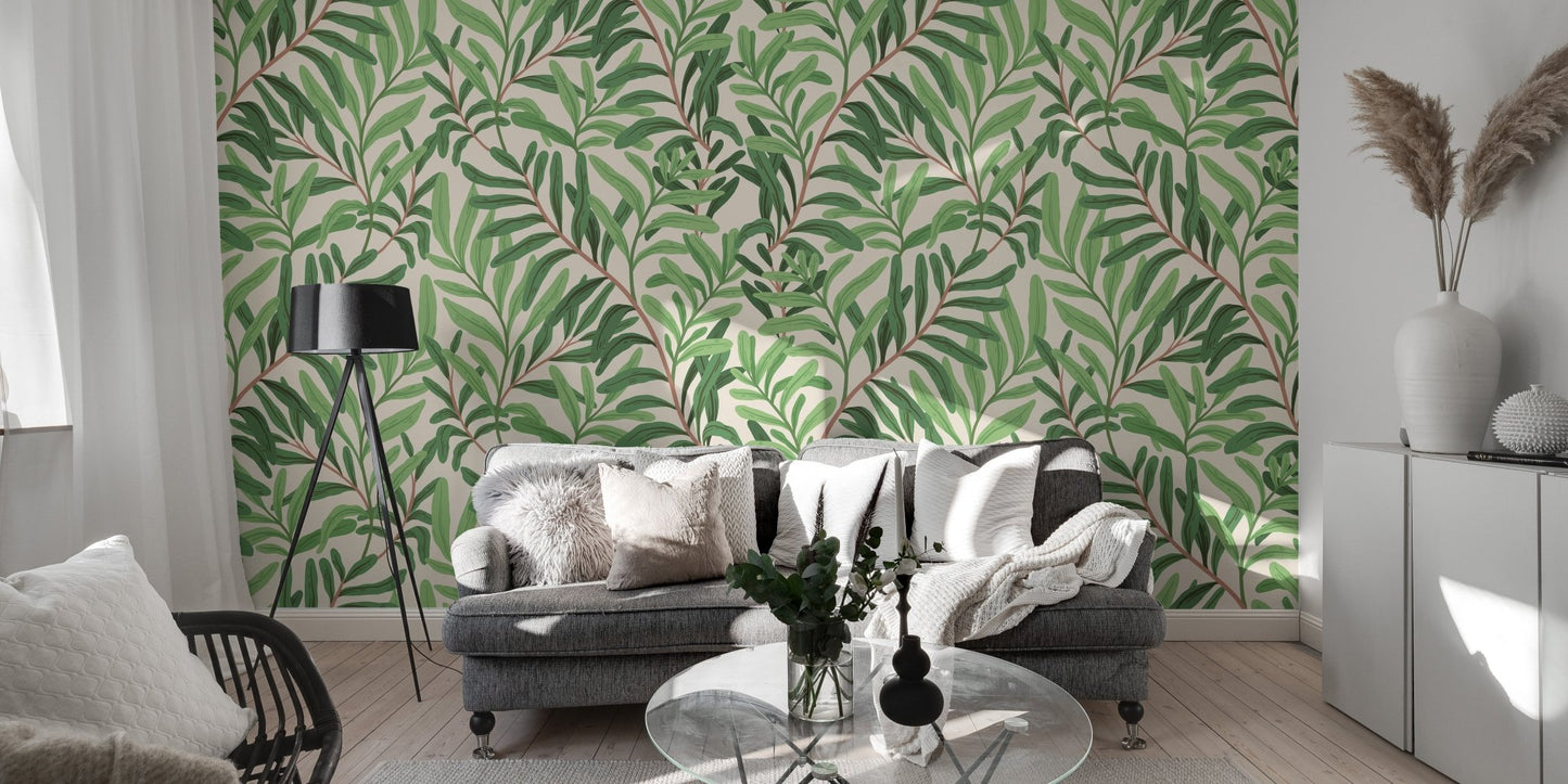 Modern botanical wallpaper mural in soft sage green color tones.