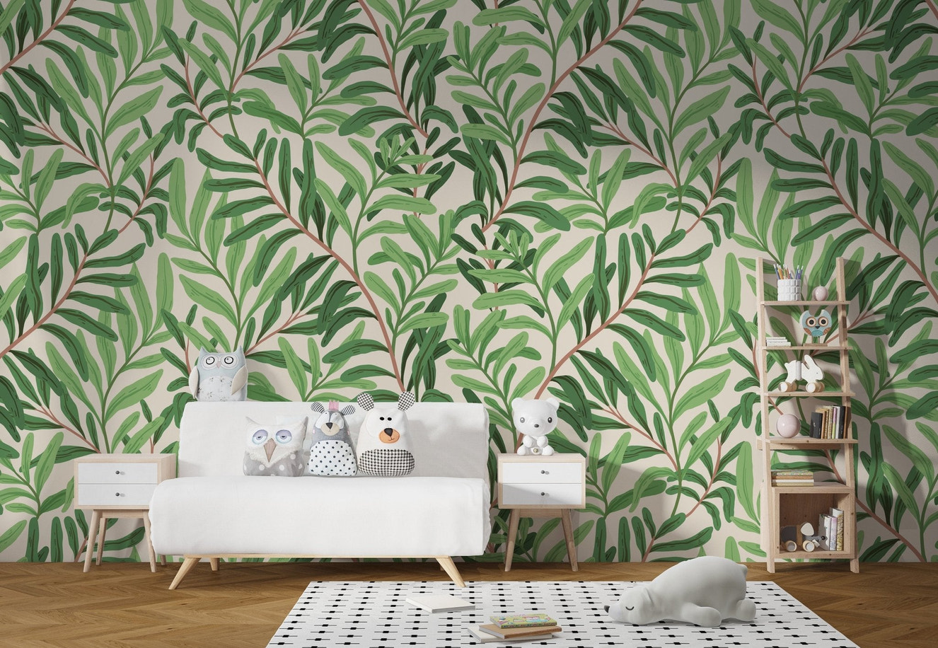 Botanical garden wallpaper mural with green leafy wall mural pattern.