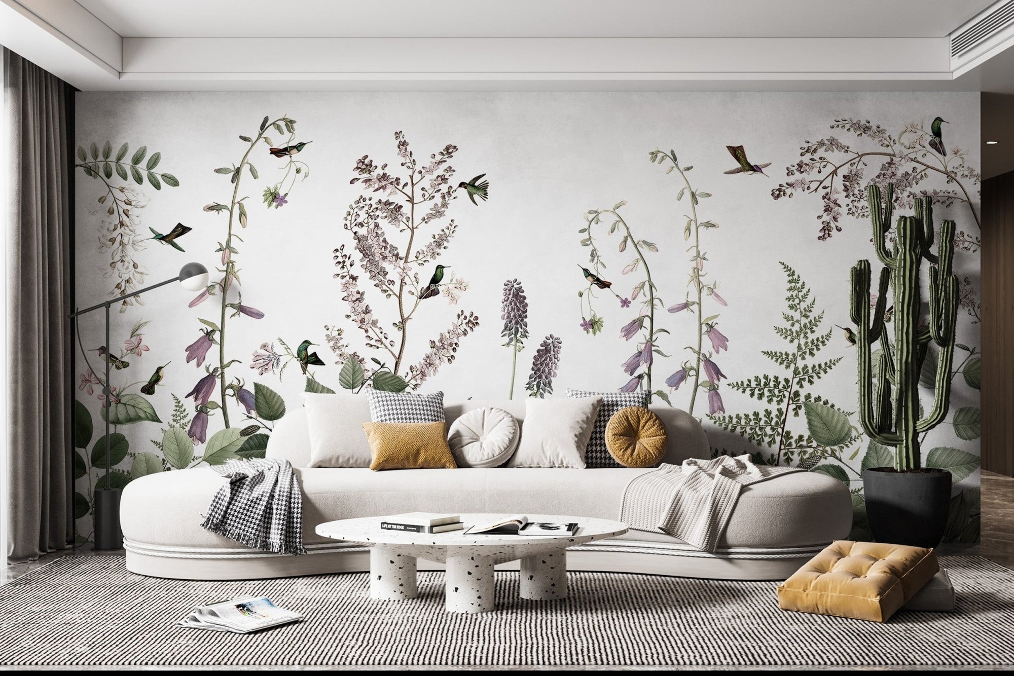 Botanical mural with delicate hummingbirds and flowers for living space walls.

