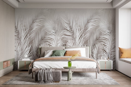 Botanical palm wall mural beige palm leaf wallpaper design.