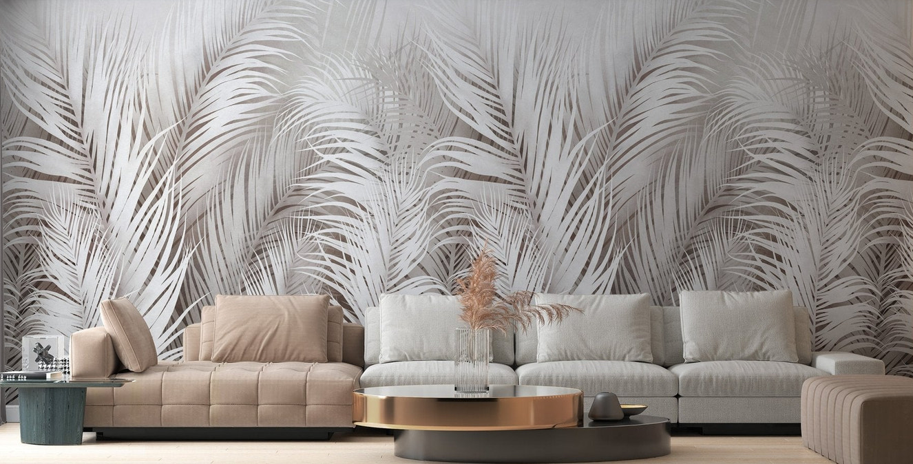 Soft brown palm leaf wallpaper statement wall mural.