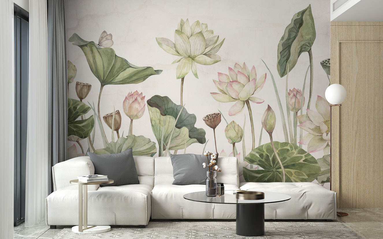 Botanical mural featuring tranquil water lily design for living room wall.
