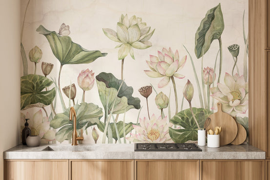 Serenity mural showcasing water lilies and nature on kitchen backdrop.
