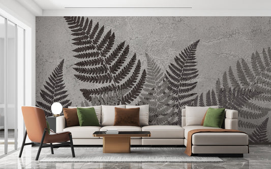 Subtle fern leaf wall mural in monochrome tones.