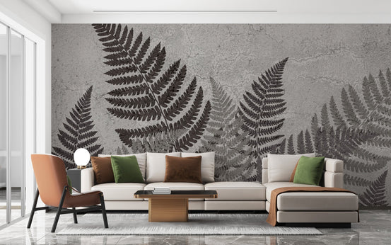 Subtle fern leaf wall mural in monochrome tones.