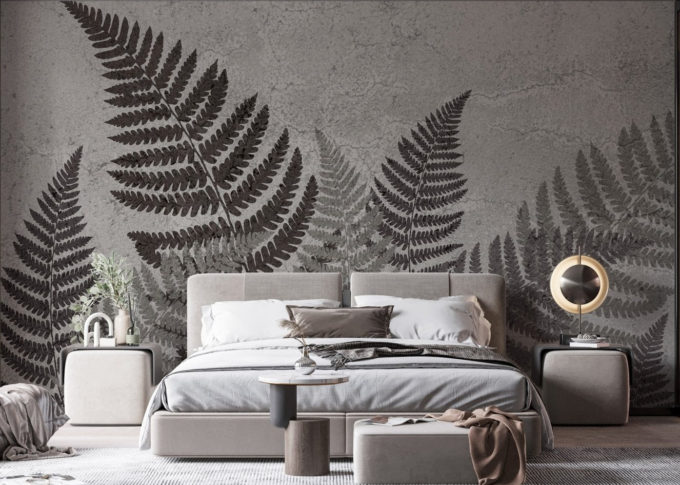 Botanical shadows wall mural in soft charcoal foliage design.