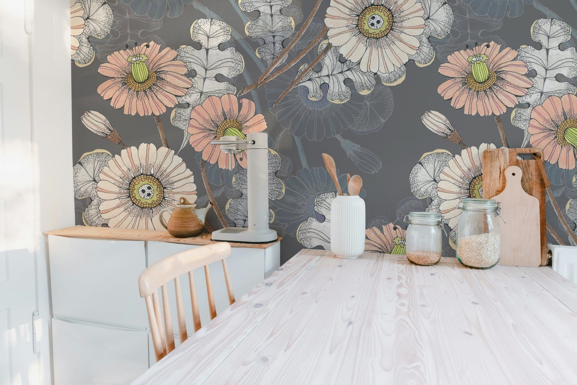Botanical sketchbook mural with delicate flower illustrations in kitchen.

