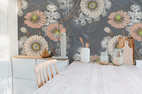 Botanical sketchbook mural with delicate flower illustrations in kitchen.
