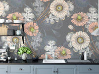 Floral sketchbook wall mural as a kitchen backsplash behind a wooden counter.