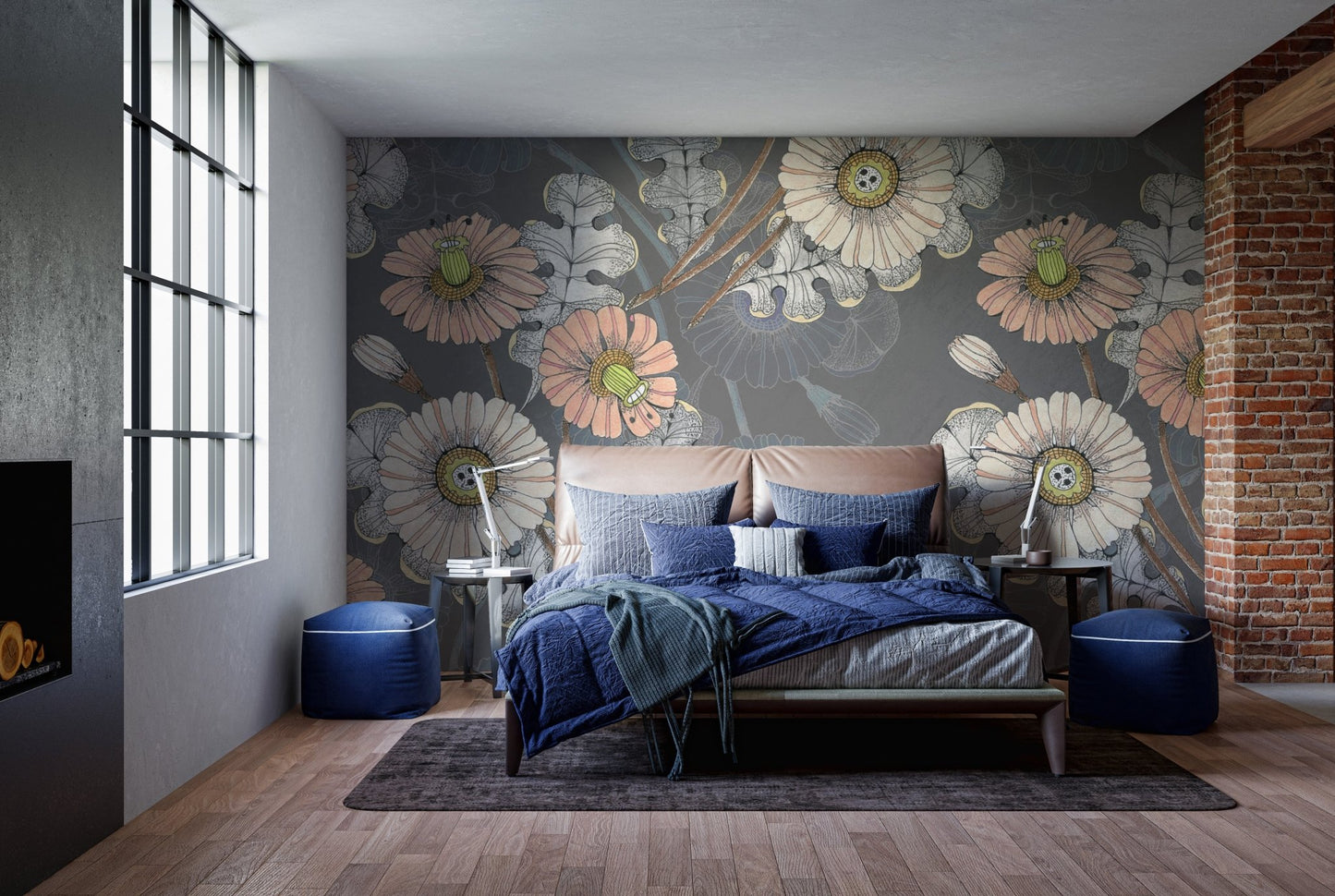 Botanical mural showcasing sketched flowers for stylish bedroom interiors.
