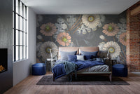 Botanical mural showcasing sketched flowers for stylish bedroom interiors.
