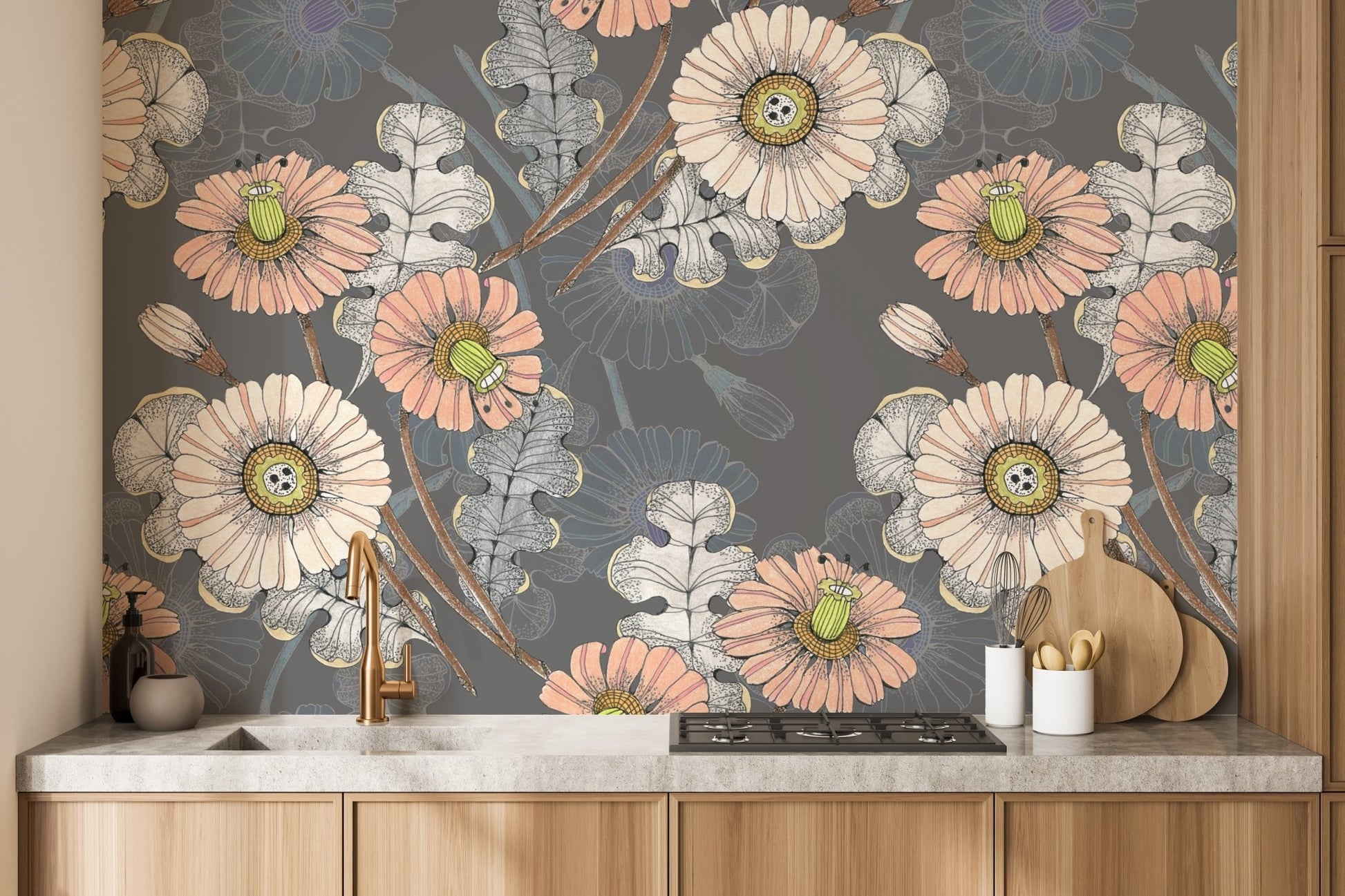 Artistic mural featuring sketchbook floral designs for kitchen interiors.