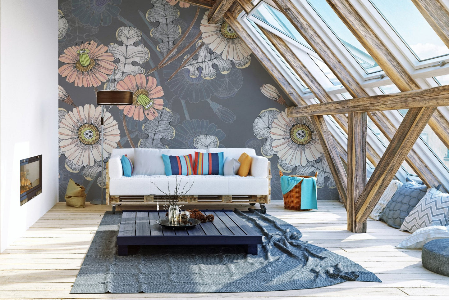 Wall mural with botanical sketchbook flower designs for attic living room decor.
