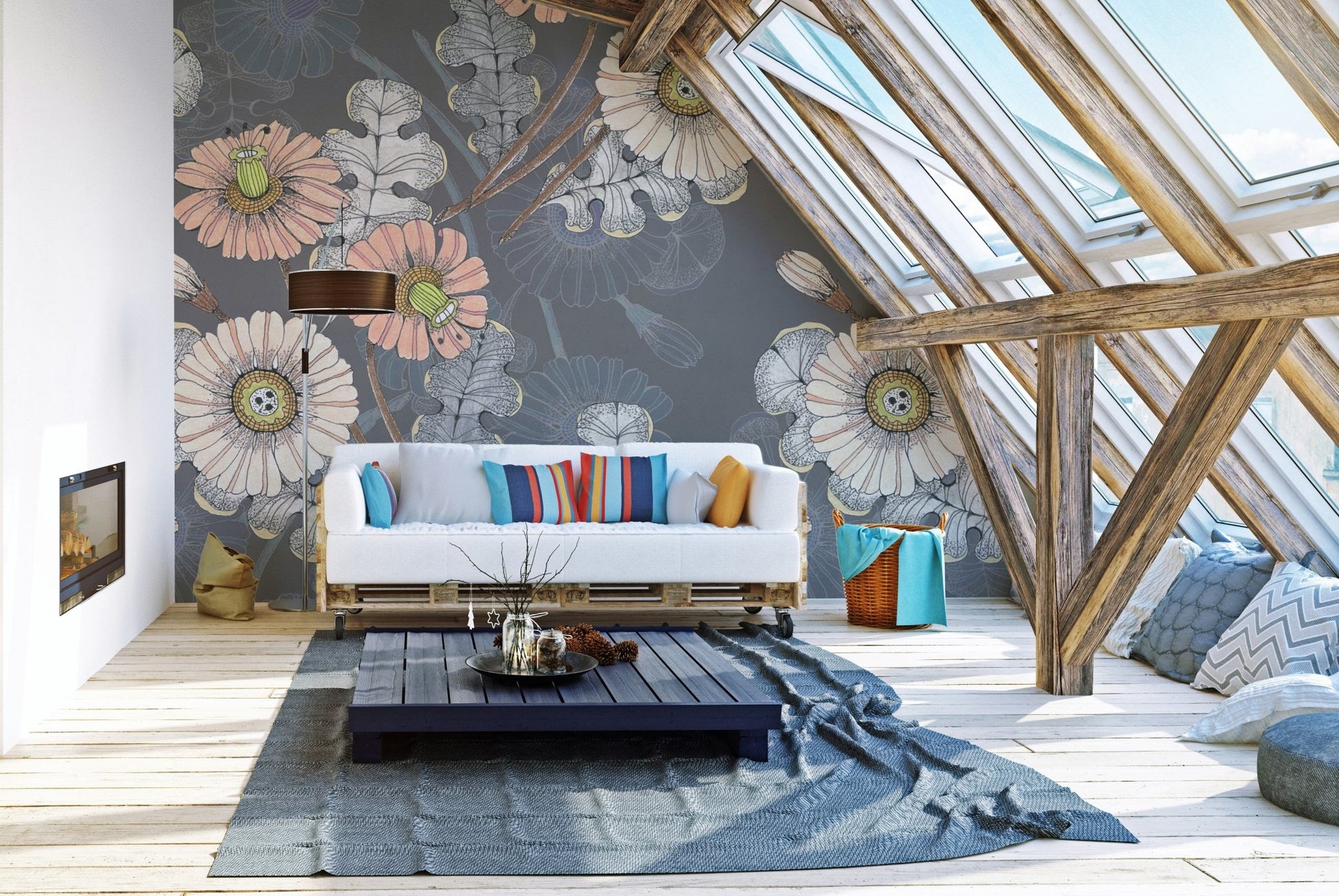 Wall mural with botanical sketchbook flower designs for attic living room decor.
