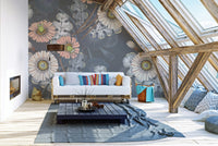 Wall mural with botanical sketchbook flower designs for attic living room decor.
