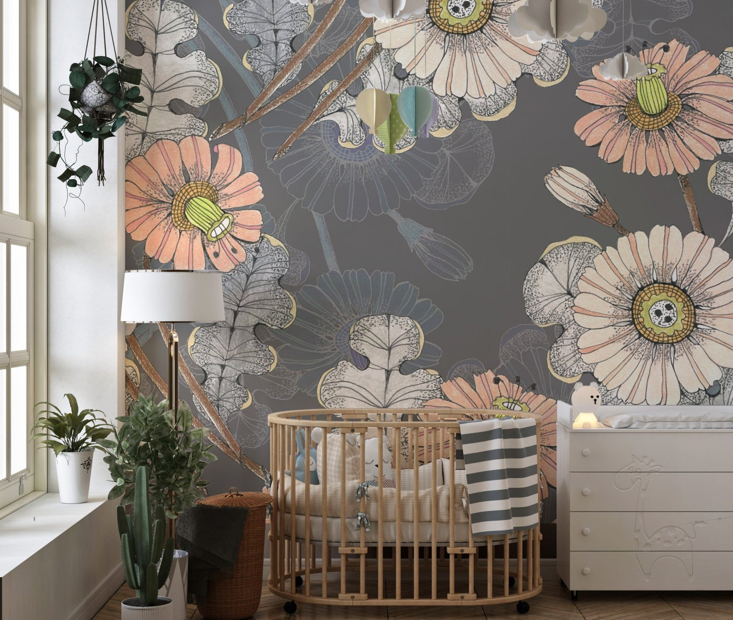Sketchbook-inspired mural with detailed botanical flower art in kids room.
