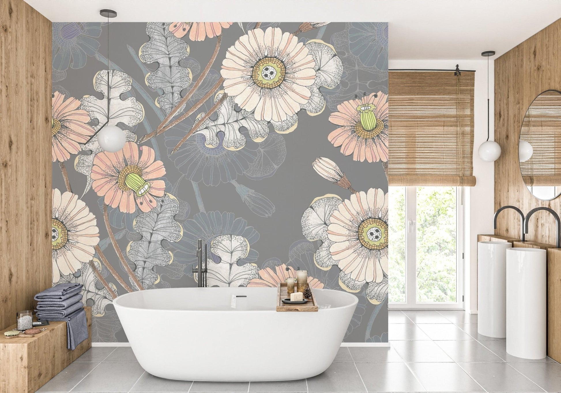 Artistic flower mural inspired by a botanical sketchbook design for bathroom.
