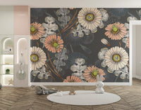 Botanical wall mural featuring sketched floral patterns in nursery.
